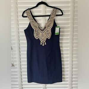 Lilly Pulitzer Mini Dress Largo Shift True Navy Gold Lace Neckline NWT Size 2